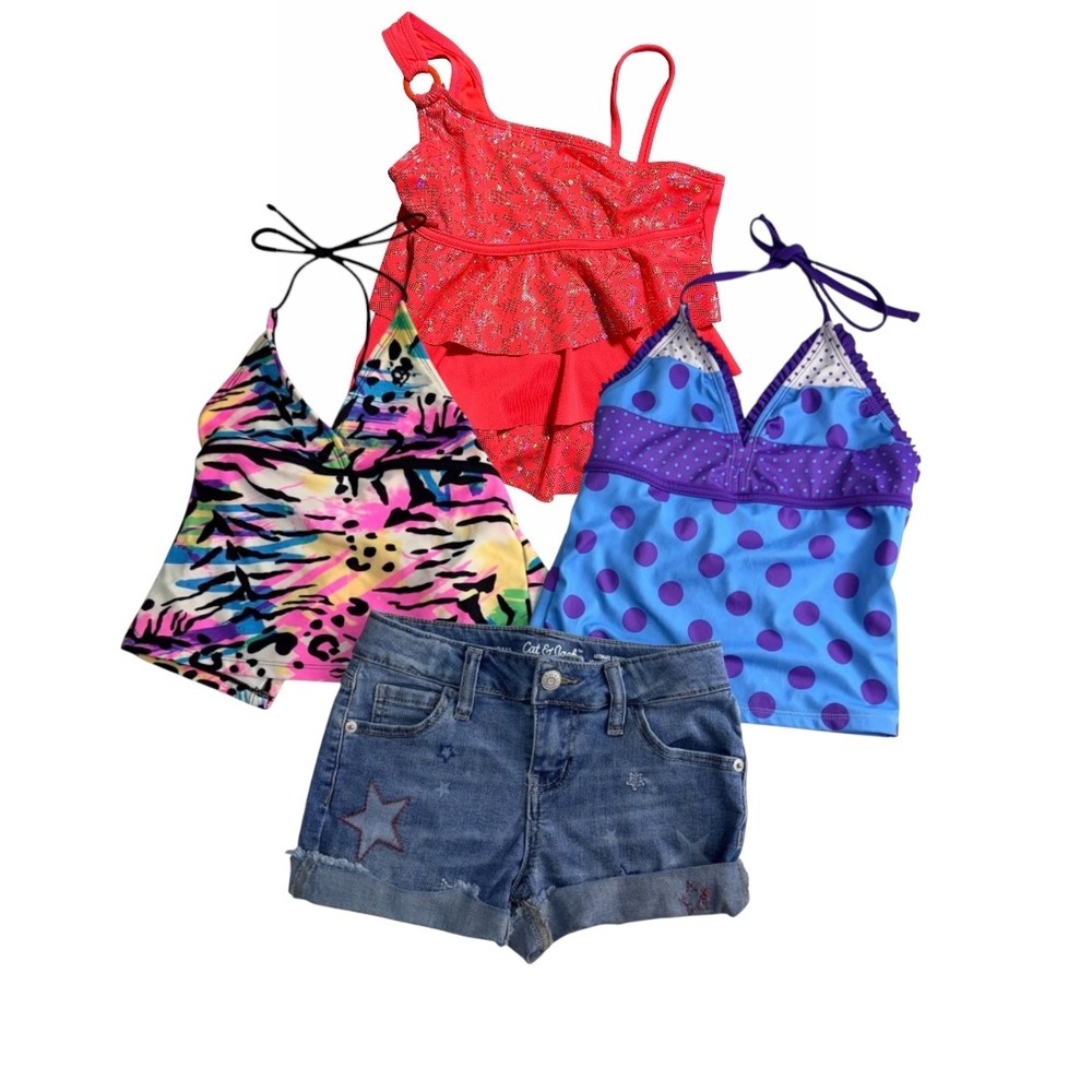 Girls Outfit 8 Justice‎ Swim Tankini Top Cat & Jack Denim Shorts Summer Bundle/4